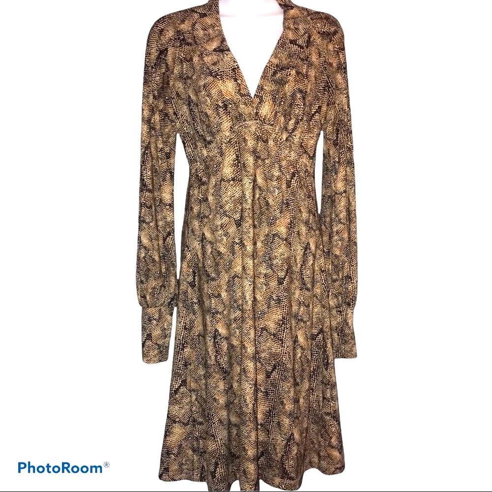 KOTON black and brown long sleeve v-neck snakeskin dress. Size M